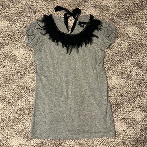 Forever 21 women’s size medium gray blouse with black feather neckline